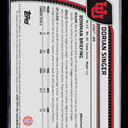 2024 Bowman Chrome University Dorian Singer #68 Green 15/99