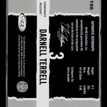 2008 SAGE HIT Darnell Terrell #A106 Auto