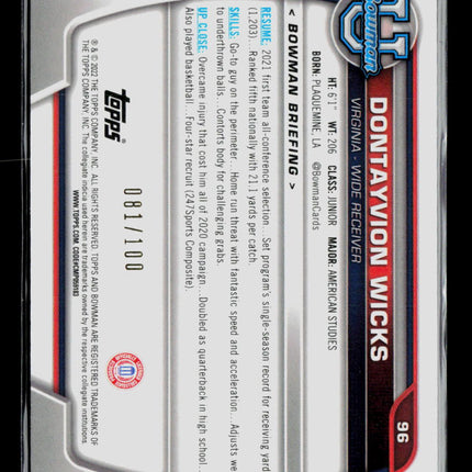 2022 Bowman University Dontayvion Wicks #96 081/100