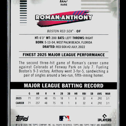 2026 Topps Finest Roman Anthony #206 Rare Orange RC 14/25