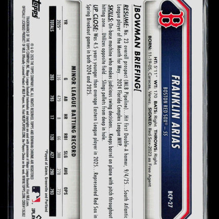 2025 Bowman Chrome Franklin Arias #BCP-27 Aqua Xfractor 025/125