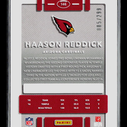 2017 Panini Donruss Optic Haason Reddick #146 Aqua RC 005/299