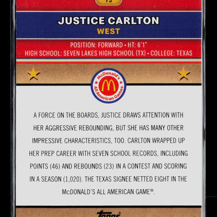 2024 Topps Chrome McDonald's All American Justice Carlton #15 Blue Mojo
