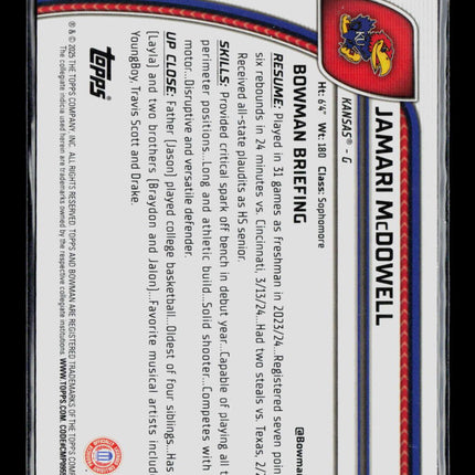 2025 Bowman Chrome University Jamari McDowell #81 Purple Sapphire /100