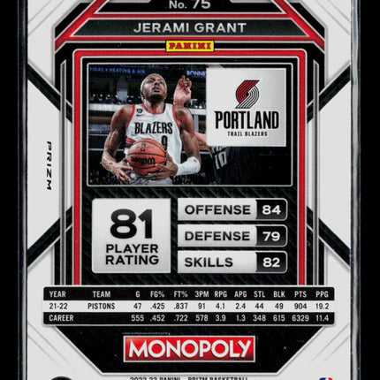 2023 Panini Prizm Monopoly Basketball Jerami Grant #75 Light Blue Wave