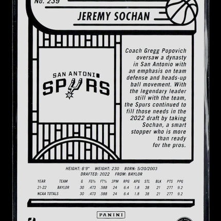 2022 Panini NBA Hoops Jeremy Sochan #239 RC