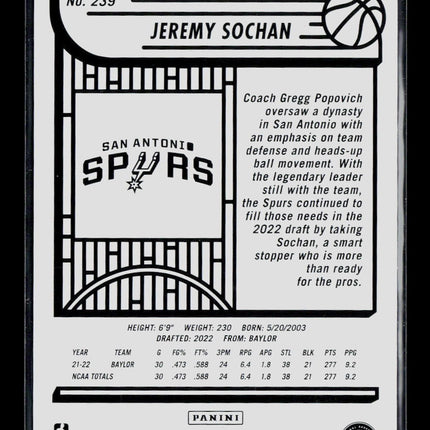 2022 Panini NBA Hoops Jeremy Sochan #239 RC