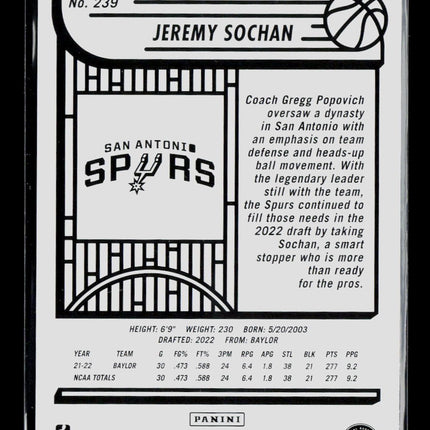 2022 Panini Hoops Jeremy Sochan #239 RC