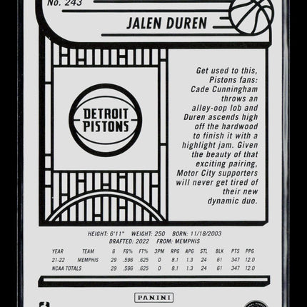2022 Panini Hoops Jalen Duren #243 RC