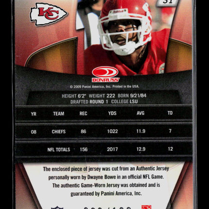 2009 Donruss Gridiron Gear Dwayne Bowe #31 Game-Worn Jersey Memorabilia 068/100