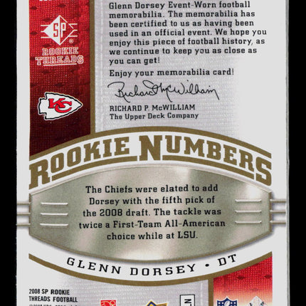 2008 SP Rookie Threads Glenn Dorsey #RN-GD Numbers Patch Memorabilia 58/75