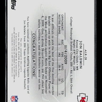 2011 Topps Gridiron Legends Jon Baldwin #ALR-JB Authentic Player-Worn Jersey