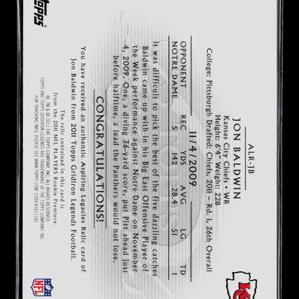 2011 Topps Gridiron Legends Jon Baldwin #ALR-JB 45/99 Player-Worn Jersey