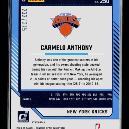 2025 Panini Donruss Optic Carmelo Anthony #250 Pink Glitter 232/275