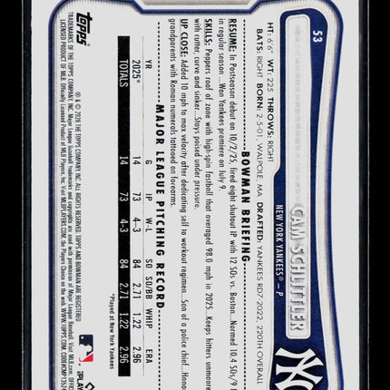 2026 Topps Bowman Cam Schlittler #53 RC
