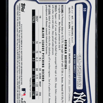 2026 Topps Bowman Cam Schlittler #53 RC