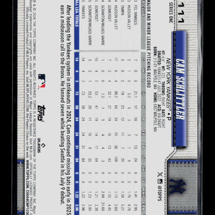 2026 Topps Series One Cam Schlittler #111 RC