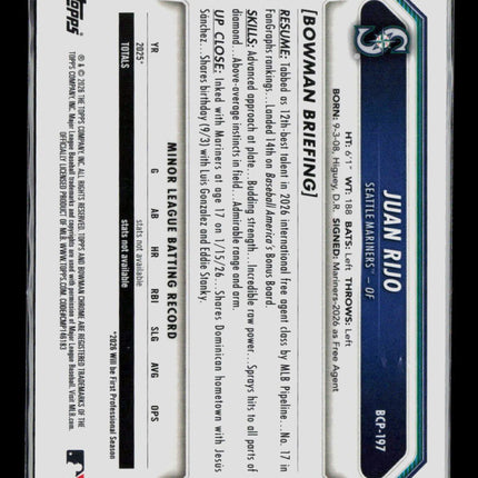 2026 Bowman Chrome Mega Box Juan Rijo #BCP-197 Mojo Refractor