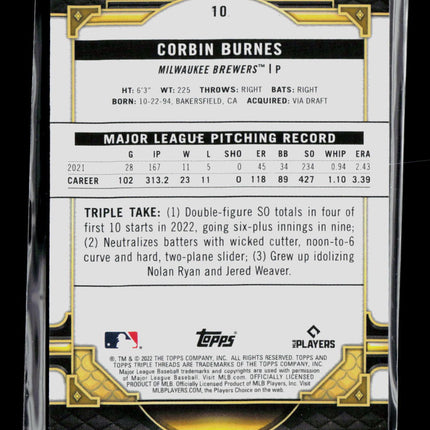 2022 Topps Triple Threads Corbin Burnes #10 Green 249/259