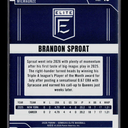 2026 Donruss Elite Baseball Brandon Sproat #43 Green Aspirations RC 056/399