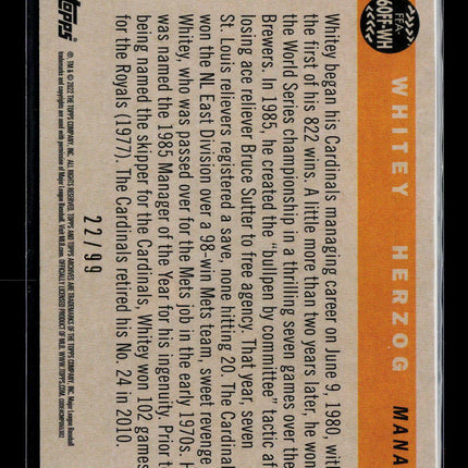 2022 Topps Archives Fan Favorites Whitey Herzog #FFA-WH Silver Auto /99