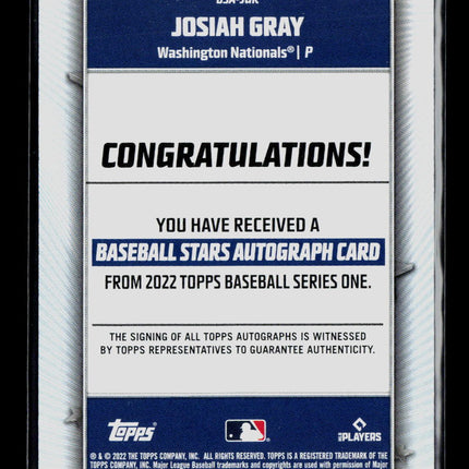 2022 Topps Baseball Series One Josiah Gray #BSA-JGR RC Auto