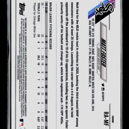 2021 Topps Chrome Matt Foster #RA-MF RC Auto