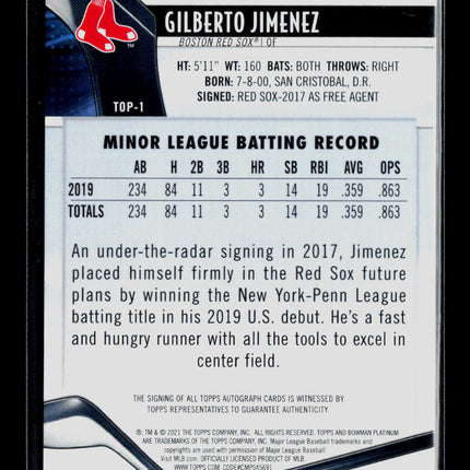 2021 Bowman Platinum Gilberto Jimenez #TOP-1 Auto