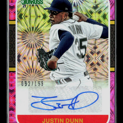 2021 Panini Donruss Justin Dunn #87S-JU Pink Fireworks 092/199 Auto