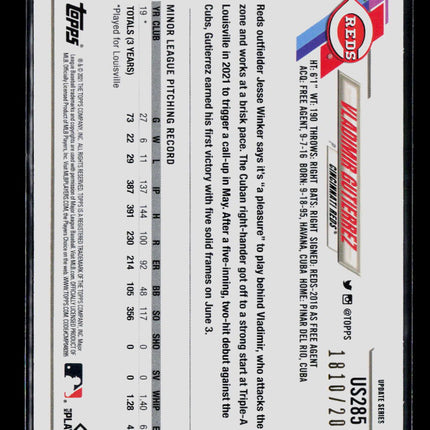 2021 Topps Update Series Vladimir Gutierrez #US285 Gold RC 1810/2021
