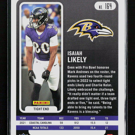 2022 Panini Absolute Football Isaiah Likely #164 RC