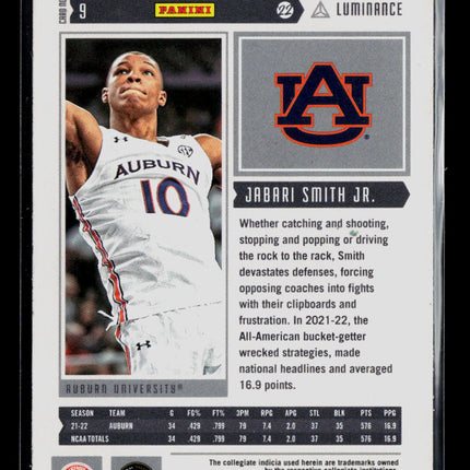 2022 Panini Chronicles Luminance Draft Picks Jabari Smith Jr. #9 RC