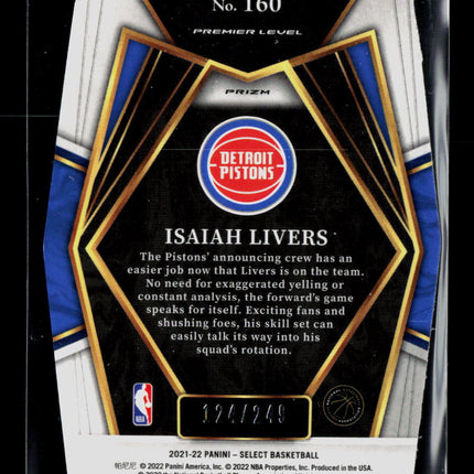 2022 Panini Select Isaiah Livers #160 Blue RC 124/249