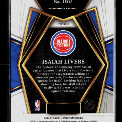 2022 Panini Select Isaiah Livers #160 RC Silver