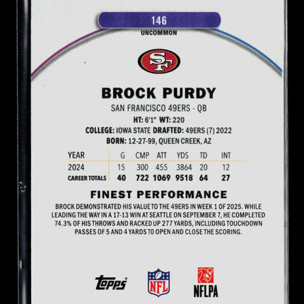 2025 Topps Finest Brock Purdy #146 Blue 022/150