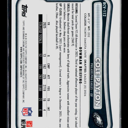 2026 Topps Bowman Chrome Cole Payton #BCV-112 RC