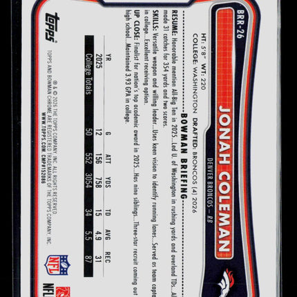 2026 Bowman Chrome Jonah Coleman #BRR-26 RC Red