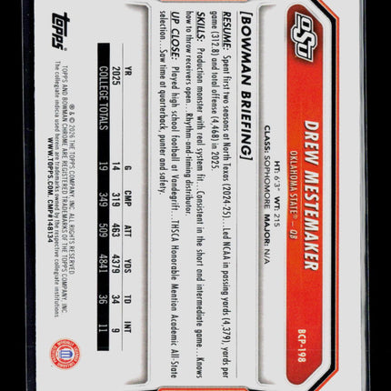 2026 Bowman Chrome University Football Drew Mestemaker #BCP-198 Speckle