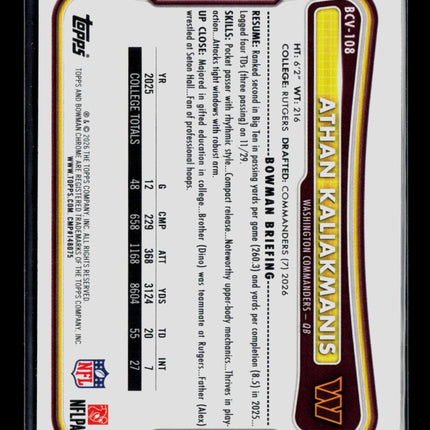 2026 Topps Bowman Chrome Athan Kaliakmanis #BCV-108 RC Speckle