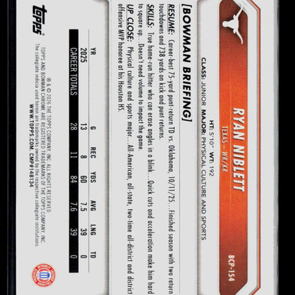 2025 Bowman Chrome University Ryan Niblett #BCP-154 Mojo Refractor