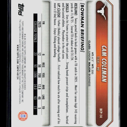 2026 Topps Bowman Chrome University Cam Coleman #BCP-14 1st Bowman