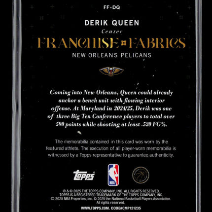 2025 Topps Derik Queen #FF-DQ RC Jersey