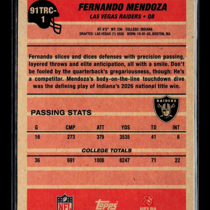 2026 Topps Chrome Fernando Mendoza #91TRC-1 Mojo Refractor RC