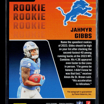 2023 Panini Zenith Football Jahmyr Gibbs #144 No Huddle RC Auto
