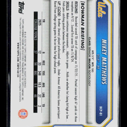 2026 Bowman Chrome Football Mikey Matthews #BCP-81 Yellow Mojo /275