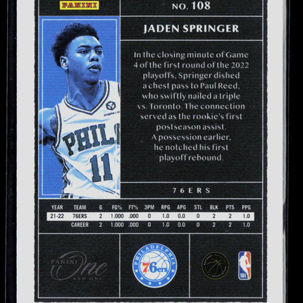 2022 Panini One and One Jaden Springer #108 Blue RC 27/30
