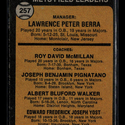 1973 Topps Rube Walker Roy McMillan Eddie Yost Joe Pignatano Yogi Berra #257