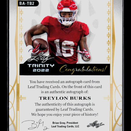 2022 Leaf Trinity Treylon Burks #BA-TB2 9/49 RC Auto