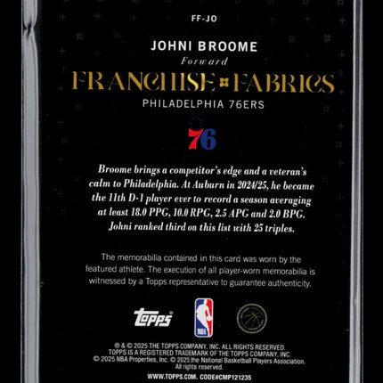 2025 Topps Franchise Fabrics Johni Broome #FF-JO RC Patch