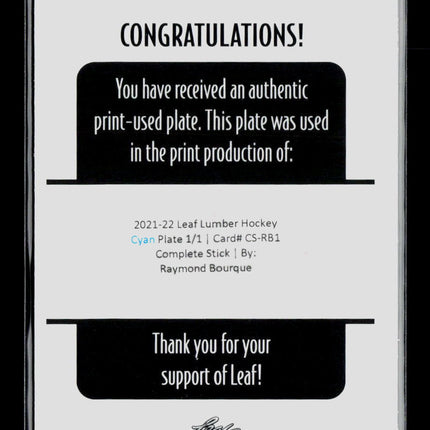 2021 Leaf Lumber Hockey Raymond Bourque #CS-RB1 Cyan Plate 1/1